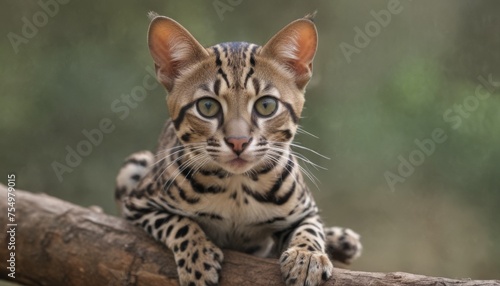  a close up of a small cat sitting on a tree branch with a blurry background of trees in the background.