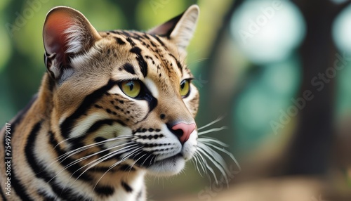  a close up of a cat's face with a blurry background of trees and bushes in the background.