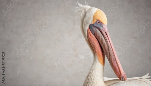  a close up of a pelican with a long neck and a long bill, with a gray background.
