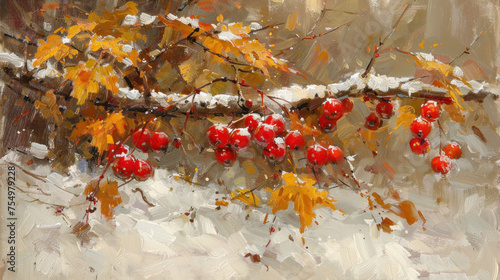 a painting of red berries on a branch with snow on the branches and yellow leaves on the other side of the branch. photo