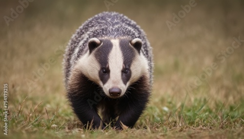  a close up of a badger walking in a field of grass with grass in the foreground and a blurry background.