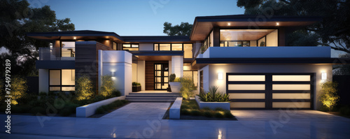 Luxury modern architectural villa at dusk