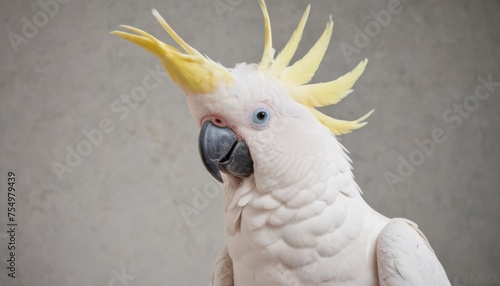  a close up of a white parrot with a yellow mohawk on it's head and a gray wall in the background.