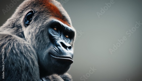  a close up of a gorilla's face with an orange spot on it's cheek and a blurry background.