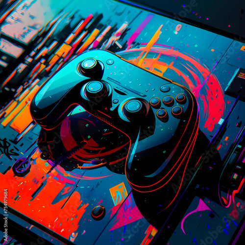 Striking digital illustration showcases evolution of gaming, featuring a sleek, futuristic joypad against a vivid, graffiti-like backdrop. Swirling vibrant colors and illuminated buttons infuse energy