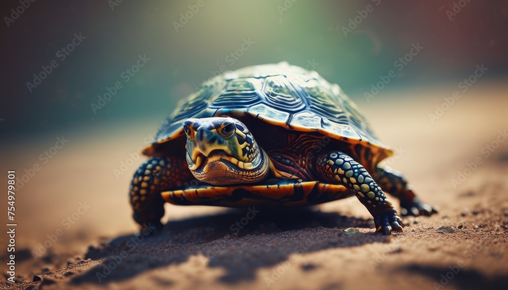 a close up of a small tortoise on a dirt ground with a blurry back ground in the background. a close up of a small tortoise on a dirt ground with a blurry back ground in the background.
