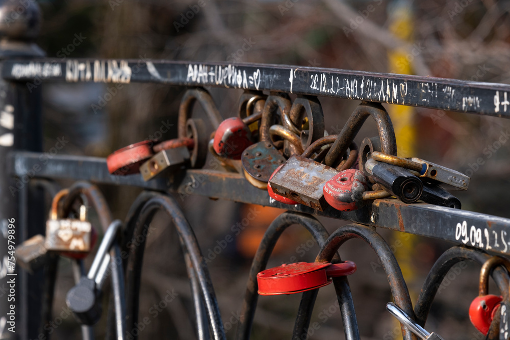 Heart shaped locks on the bridge railing, concept of eternal love. Heart shaped locks on the bridge railing, concept of eternal love.