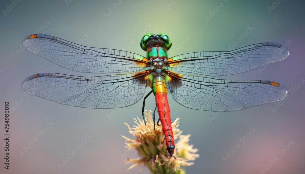a close up of a dragonfly on a flower with a blurry sky in the back ground behind it. a close up of a dragonfly on a flower with a blurry sky in the back ground behind it.