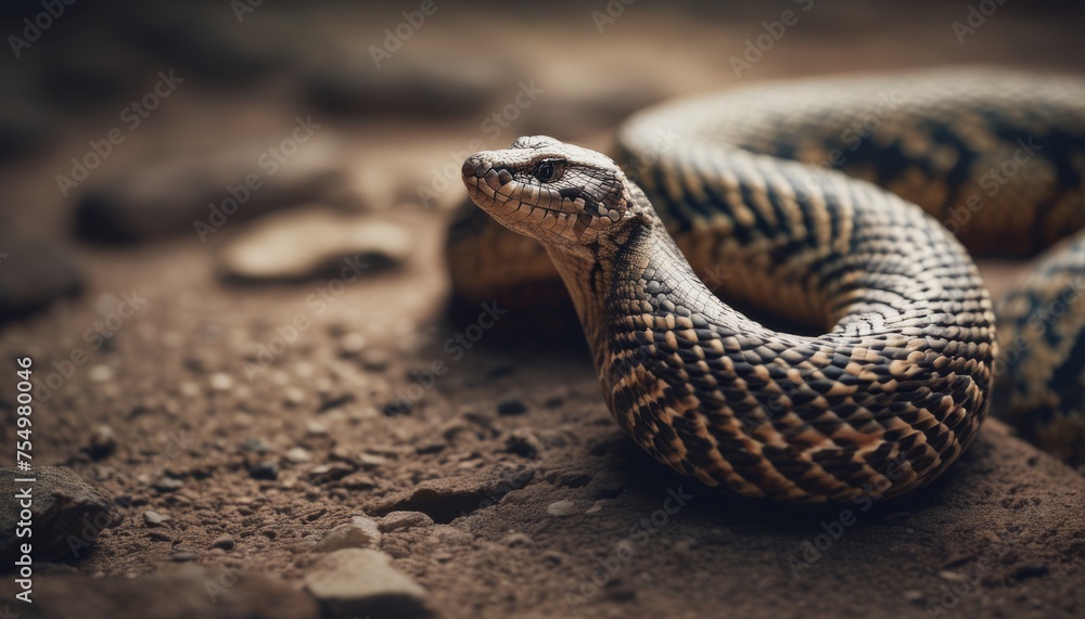 Obraz premium a close up of a snake on the ground with it's head in the middle of it's body.