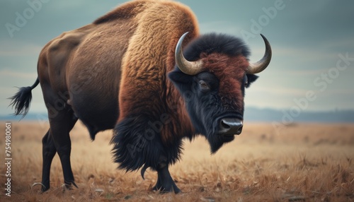 a close up of a bison in a field of dry grass with a cloudy sky in the backround.