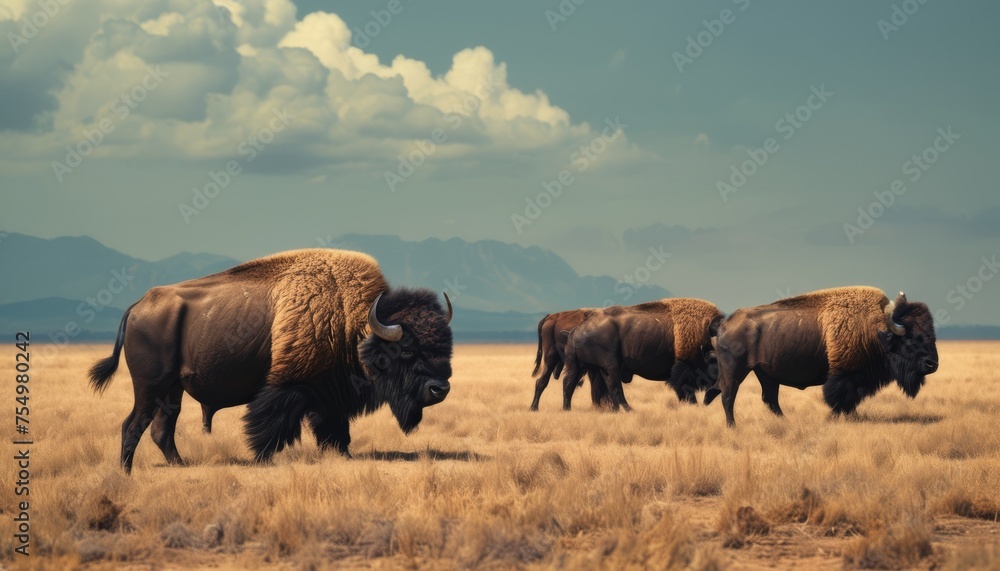 a herd of buffalo standing on top of a dry grass covered field with mountains in the background on a cloudy day. a herd of buffalo standing on top of a dry grass covered field with mountains in the background on a cloudy day.