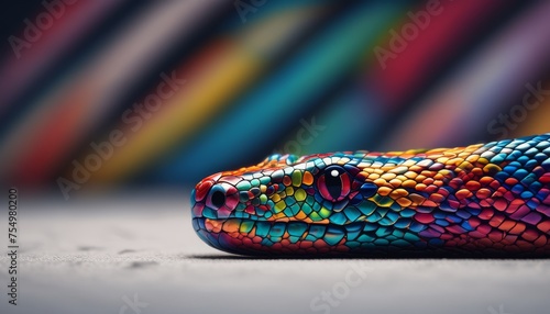  a close up of a colorful snake's head with a multi - colored pattern on it's body.