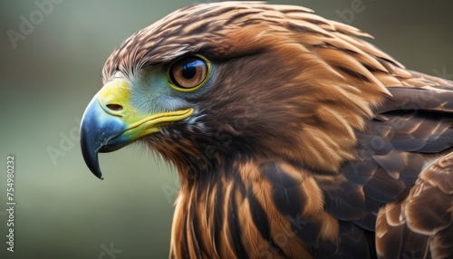  a close up of a bird of prey with a green and yellow beak and a blue and yellow headband.