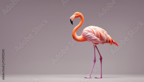  a pink flamingo standing in the middle of a gray background with its legs spread out and its head turned to the side.