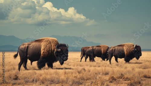  a herd of buffalo standing on top of a dry grass covered field with mountains in the background on a cloudy day.