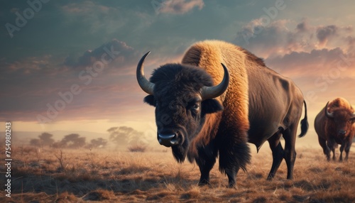  a herd of buffalo standing on top of a dry grass field under a cloudy sky with clouds in the background.