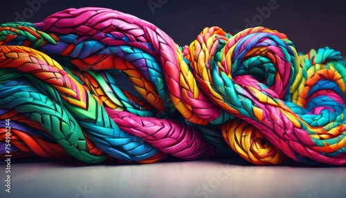 a close up of a multicolored rope on a white surface with a black background and a blue sky in the background.