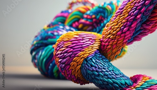  a close up of a multicolored object made out of rope on a white surface with a gray background.