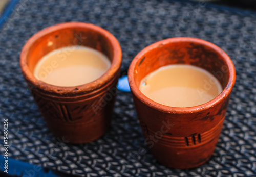 Two Kullad(Cup of Soil Clay) Tea. Soil cup Indian famous tea cup knows as kulhad. Milk tea in soil cup.