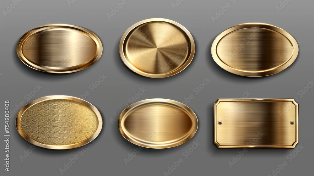 Mockup of gold or brass plates with name plaques, metal identification badges, round, oval, and rectangular frames on a transparent background. - obrazy, fototapety, plakaty 
