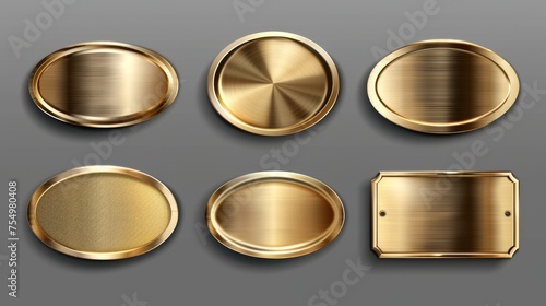 Mockup of gold or brass plates with name plaques, metal identification badges, round, oval, and rectangular frames on a transparent background. photo
