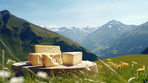 Farm cheese, alpine background