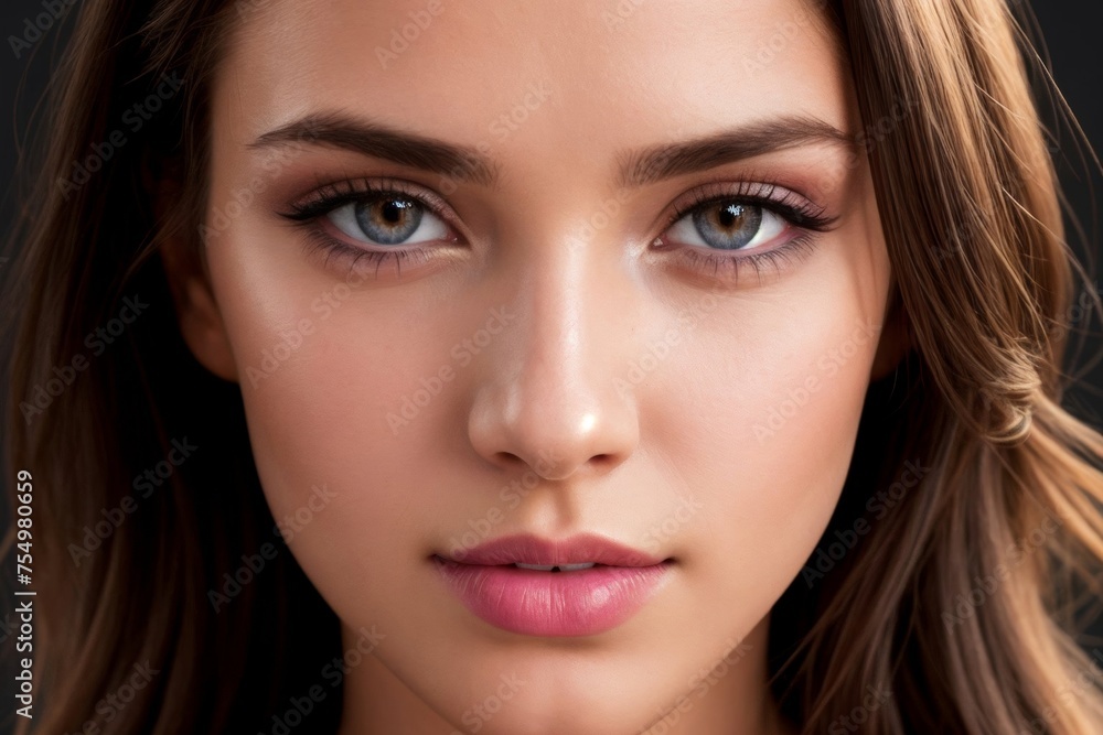 Professional model with bright makeup, with a pleasant face and smooth, healthy skin, looks at the camera. Close-up, colorful background, cosmetic concept Professional model with bright makeup, with a pleasant face and smooth, healthy skin, looks at the camera. Close-up, colorful background, cosmetic concept