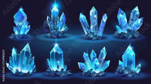 Unfaceted rough glowing rocks stalagmites, isolated jewelry precious or semiprecious gem stones, Realistic 3D modern set of crystalline clusters with blue glowing light aura. photo