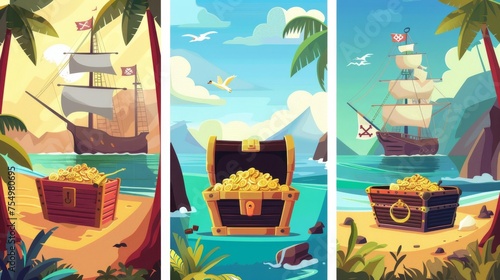 Several pirate party cartoon posters with gold treasure chests on secret islands, filibuster ship with jolly Roger flag and cannon, invitation for a children's event.
