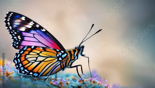  a colorful butterfly sitting on top of a purple and blue flower covered ground with a blurry sky in the background.