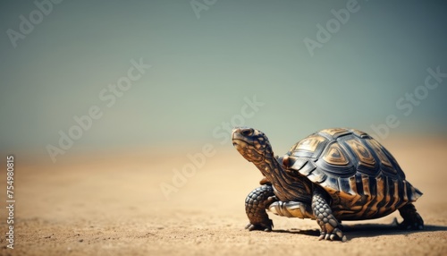  a close up of a small turtle on a dirt ground with a blue sky in the background.