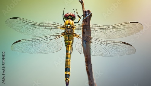  a close up of a dragonfly sitting on a branch with another dragonfly in the background and a blurry sky in the background.