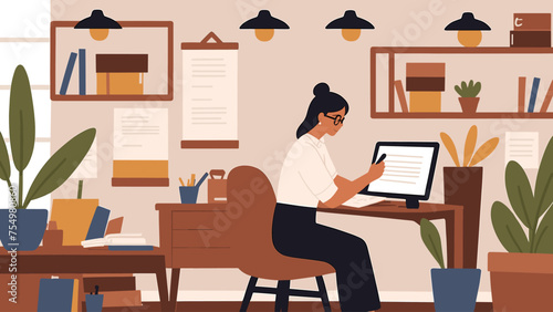 young woman working at home. Cozy home office. Generative AI flat illustration.