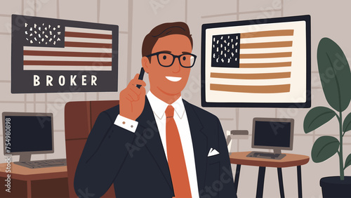Flat illustration promotion picture for stock market broker. US Stock market commercial picture. Stock market education picture. Generative AI.