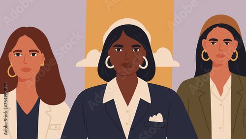 Group of successful young business woman. Generative AI Flat Illustration.
