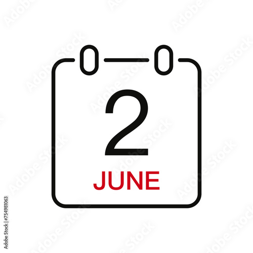 June 2 date on the calendar, vector line stroke icon for user interface. Calendar with date, vector illustration.