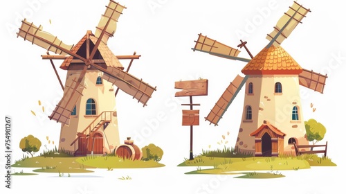 Modern cartoon set of countryside architecture isolated on white background with old windmills, vintage stone and wooden windmills. Dutch traditional farm buildings for grinding wheat grains to