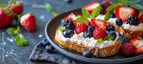 breakfast bruschetta with toasted bread topped with ricotta cheese, honey and fresh berries.