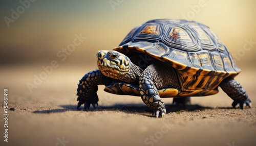  a close up of a tortoise on a sandy ground with a blue sky in the backgroud.