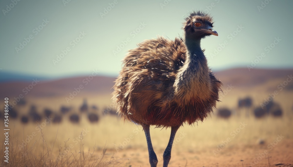  an ostrich standing in the middle of a field with a group of birds in the distance in the background. - obrazy, fototapety, plakaty 