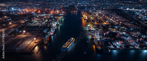 large cruise ship departing from Laem Chabang Port at night. want to use low shutter speed to see movement of the ship. blue tone and over lighting scene photography aerial view.