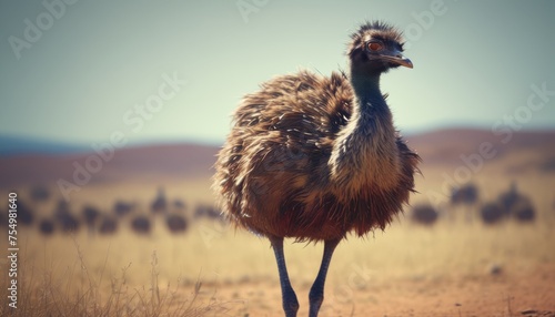  an ostrich standing in the middle of a field with a group of birds in the distance in the background. photo