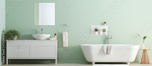 A white ceramic bath tub is positioned next to a white sink in a modern bathroom with pastel green walls. The clean and minimalistic design enhances the overall aesthetic of the space.