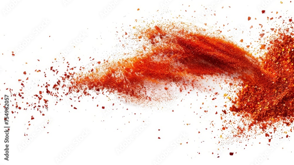 Isolated red pepper powder scatters. Modern realistic illustration of ground paprika and chili peppers.