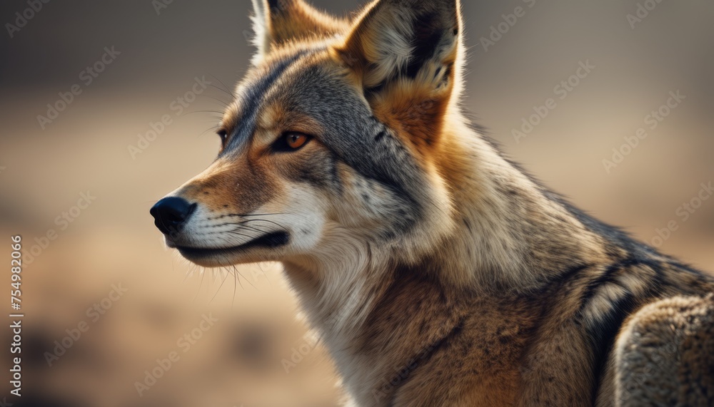 Fototapeta premium a close up of a wolf's face with a blurry back ground in the foreground and a blurry back ground in the background.