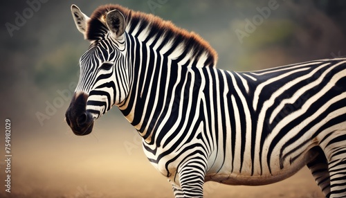  a close up of a zebra on a dirt ground with trees in the back ground and a foggy sky in the background.