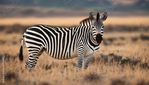  a close up of a zebra in a field of grass with mountains in the back ground and a sky in the background.