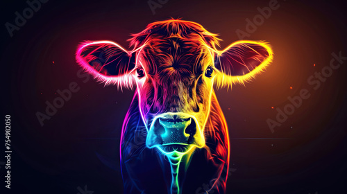 glowing neon light effect head of a cow, bright advertising design element, cow logo light signboard banner for veterinary clinic, pet shop, night club concept photo