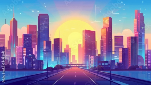 Sunrise in a modern city, skyline with skyscrapers rising above it, view from a bridge. Morning metropolis with roads and houses, town architecture, modern illustration.