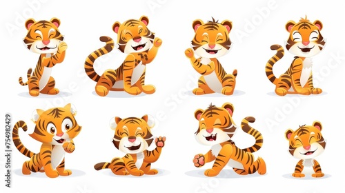 An adorable tiger character sitting in different poses. Modern illustration of a cartoon kitten sleeping, playing, thinking, walking and greeting. Isolated on a white background, this cute baby tiger